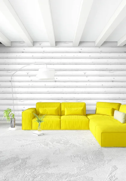 Dormitorio mínimo Pared de madera de diseño interior, sofá amarillo y espacio para copiar en un marco vacío. Representación 3D. Ilustración 3D —  Fotos de Stock