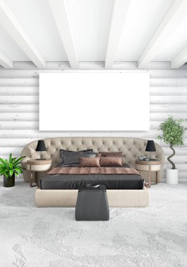 Beyaz yatak odası en az stil iç tasarım ahşap duvar ve karanlık Kanepeli. 3D render. 3D çizim