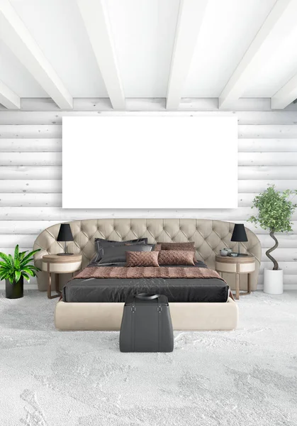 Beyaz yatak odası en az stil iç tasarım ahşap duvar ve karanlık Kanepeli. 3D render. 3D çizim