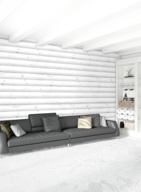 Beyaz yatak odası en az stil iç tasarım ahşap duvar ve karanlık Kanepeli. 3D render. 3D çizim