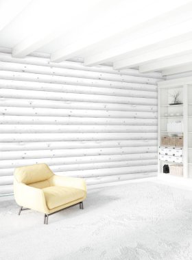 Beyaz yatak odası en az stil iç tasarım ahşap duvar ile. 3D render. 3D çizim