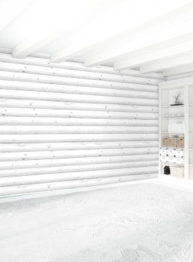 Beyaz yatak odası en az stil iç tasarım ahşap duvar ile. 3D render. 3D çizim