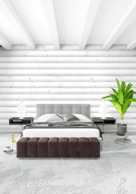 Beyaz yatak odası en az stil iç tasarım ahşap duvar ve gri Kanepeli. 3D render. 3D çizim