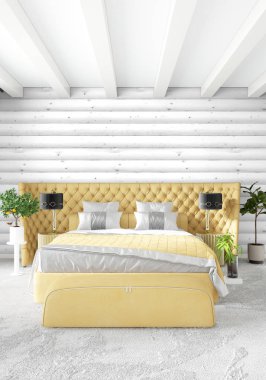 En az yatak odası iç tasarım ahşap duvar, sarı kanepe ve boş bir çerçeve içine boşaltmak. 3D render. 3D çizim