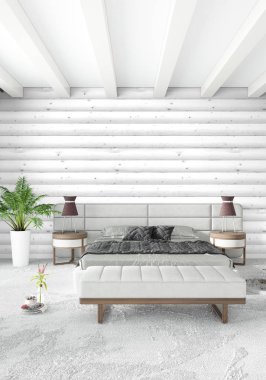 Beyaz yatak odası en az stil iç tasarım ahşap duvar ve gri Kanepeli. 3D render. 3D çizim
