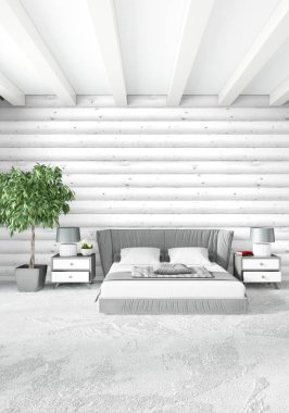 Beyaz yatak odası en az stil iç tasarım ahşap duvar ile. 3D render. 3D çizim