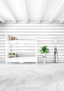 Beyaz yatak odası en az stil iç tasarım ahşap duvar ile. 3D render. 3D çizim