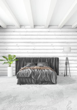 Beyaz yatak odası en az stil iç tasarım ahşap duvar ve gri Kanepeli. 3D render. 3D çizim