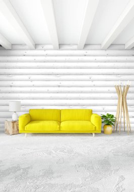 En az yatak odası iç tasarım ahşap duvar, sarı kanepe ve boş bir çerçeve içine boşaltmak. 3D render. 3D çizim