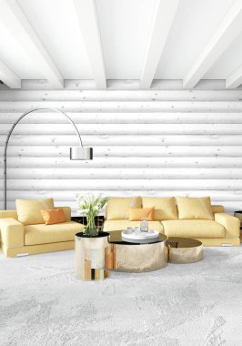 En az yatak odası iç tasarım ahşap duvar, sarı kanepe ve boş bir çerçeve içine boşaltmak. 3D render. 3D çizim