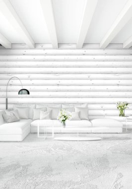 Beyaz yatak odası en az stil iç tasarım ahşap duvar ile. 3D render. 3D çizim