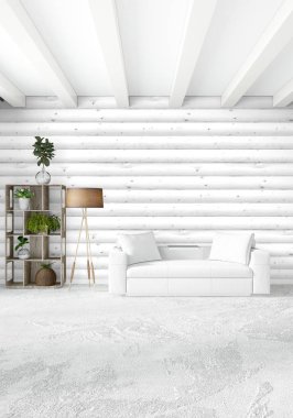 Beyaz yatak odası en az stil iç tasarım ahşap duvar ile. 3D render. 3D çizim