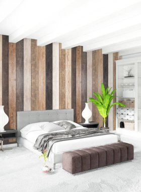 Beyaz yatak odası en az stil iç tasarım ahşap duvar ve gri Kanepeli. 3D render. 3D çizim