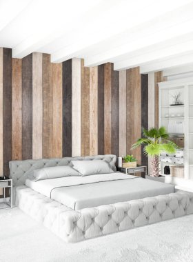 Beyaz yatak odası en az stil iç tasarım ahşap duvar ve gri Kanepeli. 3D render. 3D çizim
