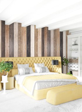 En az yatak odası iç tasarım ahşap duvar, sarı kanepe. 3D render. 3D çizim