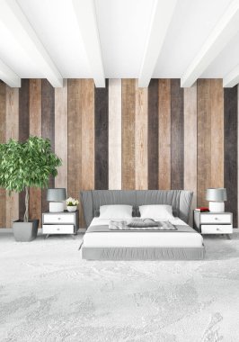 Beyaz yatak odası en az stil iç tasarım ahşap duvar ile. 3D render. 3D çizim