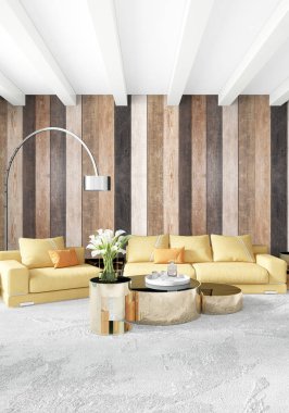 En az yatak odası iç tasarım ahşap duvar, sarı kanepe ve boş bir çerçeve içine boşaltmak. 3D render. 3D çizim