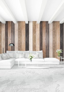 Beyaz yatak odası en az stil iç tasarım ahşap duvar ile. 3D render. 3D çizim