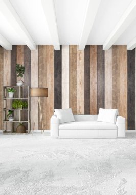 Beyaz yatak odası en az stil iç tasarım ahşap duvar ile. 3D render. 3D çizim