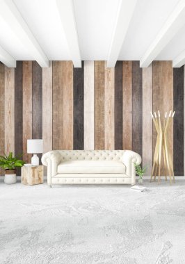 Beyaz yatak odası en az stil iç tasarım ahşap duvar ile. 3D render. 3D çizim