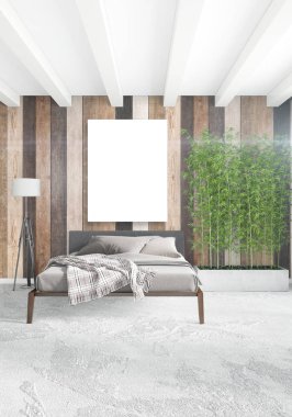 Beyaz yatak odası en az stil iç tasarım ahşap duvar ve gri Kanepeli. 3D render. 3D çizim