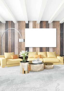 En az yatak odası iç tasarım ahşap duvar, sarı kanepe ve boş bir çerçeve içine boşaltmak. 3D render. 3D çizim