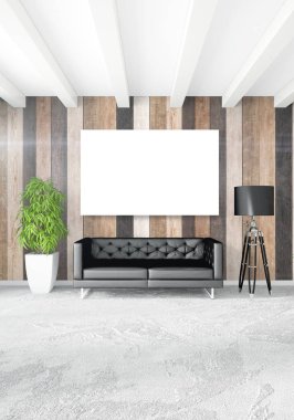 Beyaz yatak odası en az stil iç tasarım ahşap duvar ve karanlık Kanepeli. 3D render. 3D çizim