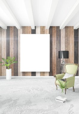 Beyaz yatak odası en az iç tasarım ahşap duvar ve boş bir çerçeve içine boşaltmak. 3D render. 3D çizim