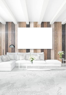 Beyaz yatak odası en az iç tasarım ahşap duvar ve boş bir çerçeve içine boşaltmak. 3D render. 3D çizim