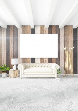 Beyaz yatak odası en az iç tasarım ahşap duvar ve boş bir çerçeve içine boşaltmak. 3D render. 3D çizim