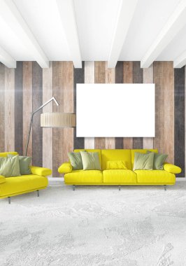 En az yatak odası iç tasarım ahşap duvar, sarı kanepe ve boş bir çerçeve içine boşaltmak. 3D render. 3D çizim