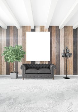 Beyaz yatak odası en az stil iç tasarım ahşap duvar ve karanlık Kanepeli. 3D render. 3D çizim