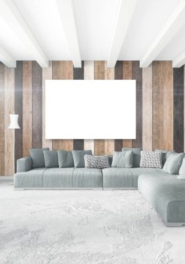 Beyaz yatak odası en az stil iç tasarım ahşap duvar ve gri Kanepeli. 3D render. 3D çizim