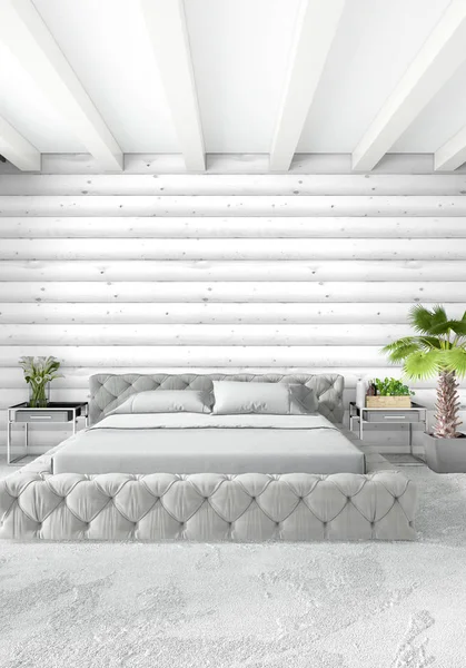 白い寝室ミニマル スタイルの内装で、木製の壁とグレーのソファー。3 d レンダリング。3 d イラストレーション — ストック写真