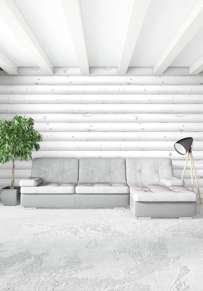 Dormitorio blanco de estilo minimalista Diseño interior con pared de madera y sofá gris. Representación 3D. Ilustración 3D —  Fotos de Stock