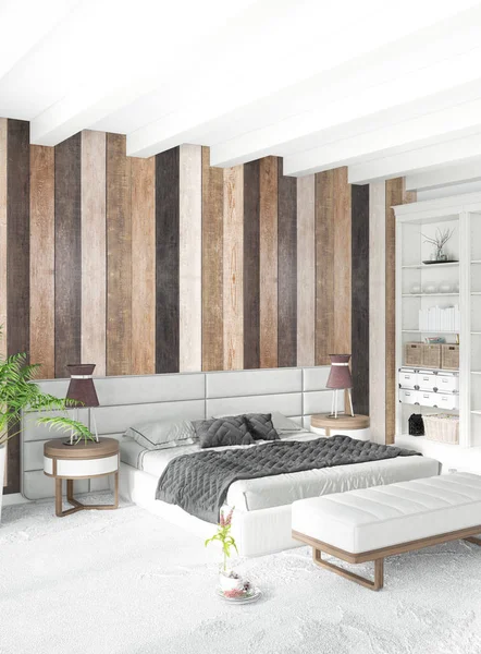 Weißes Schlafzimmer minimalen Stil Inneneinrichtung mit Holzwand. 3D-Darstellung. 3D-Illustration — Stockfoto