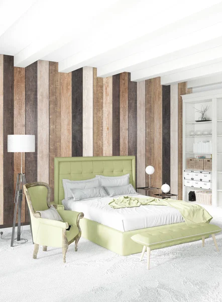 Beyaz yatak odası en az stil iç tasarım ahşap duvar ile. 3D render. 3D çizim