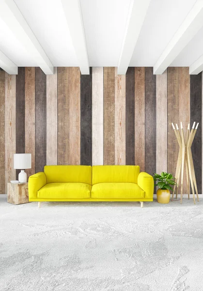 En az yatak odası iç tasarım ahşap duvar, sarı kanepe ve boş bir çerçeve içine boşaltmak. 3D render. 3D çizim