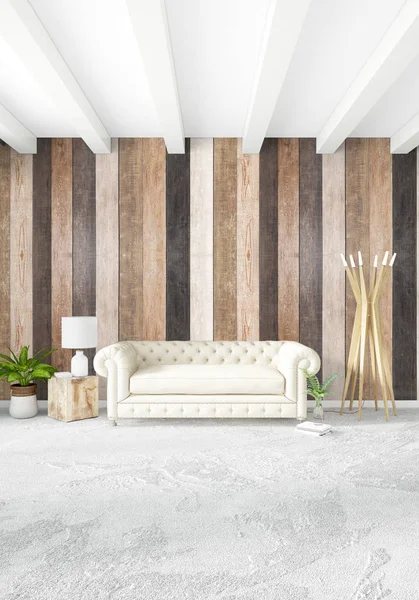 Beyaz yatak odası en az stil iç tasarım ahşap duvar ile. 3D render. 3D çizim