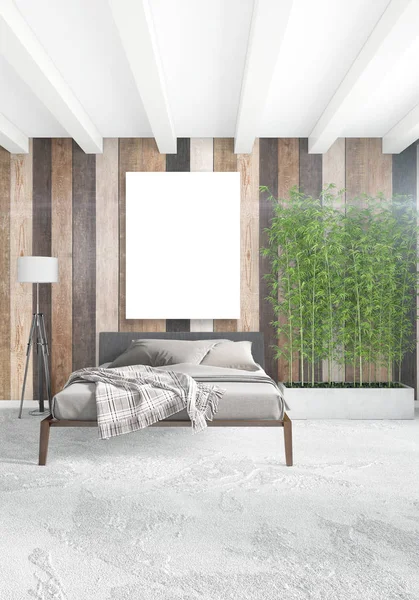 Beyaz yatak odası en az stil iç tasarım ahşap duvar ve gri Kanepeli. 3D render. 3D çizim