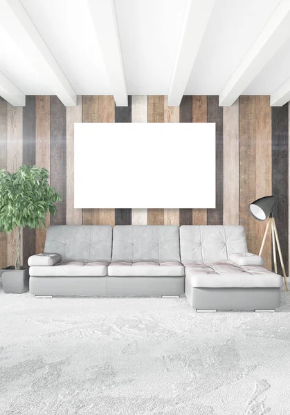 Beyaz yatak odası en az stil iç tasarım ahşap duvar ve gri Kanepeli. 3D render. 3D çizim