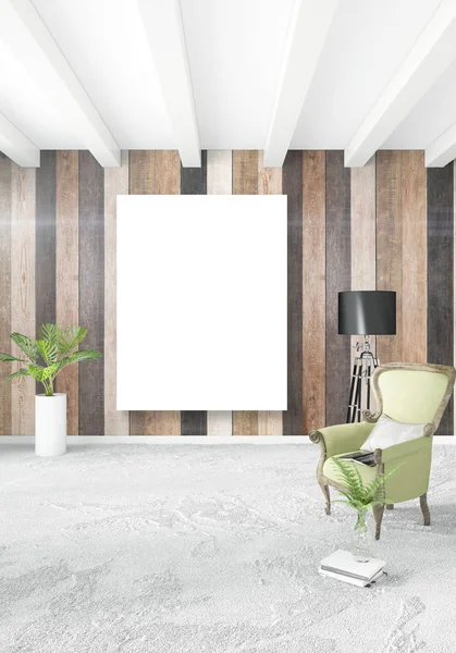 Beyaz yatak odası en az iç tasarım ahşap duvar ve boş bir çerçeve içine boşaltmak. 3D render. 3D çizim