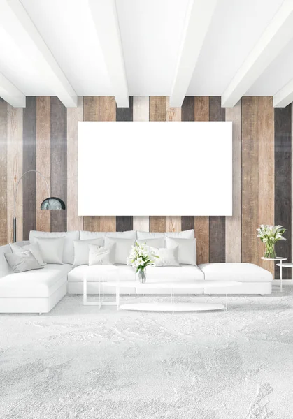 Beyaz yatak odası en az iç tasarım ahşap duvar ve boş bir çerçeve içine boşaltmak. 3D render. 3D çizim