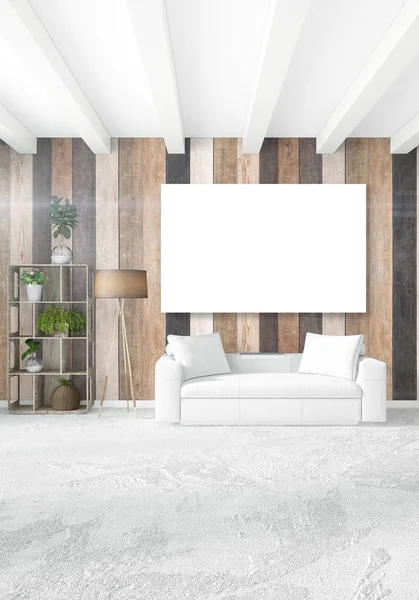 Bílá ložnice minimální design interiéru s dřevěnou stěnou a copyspace do prázdného rámečku. 3D vykreslování. 3D obrázek — Stock fotografie