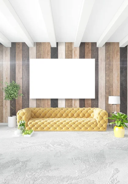 En az yatak odası iç tasarım ahşap duvar, sarı kanepe ve boş bir çerçeve içine boşaltmak. 3D render. 3D çizim
