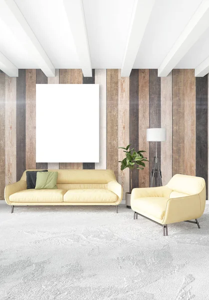Minimalne sypialnia wystrój wnętrz ścienne z drewna, żółty sofa i miejsce do pustej ramki. renderowania 3D. ilustracja 3D — Zdjęcie stockowe