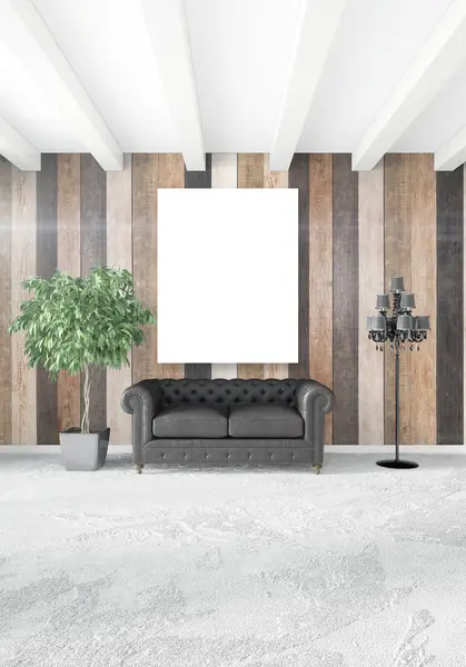 Beyaz yatak odası en az stil iç tasarım ahşap duvar ve karanlık Kanepeli. 3D render. 3D çizim