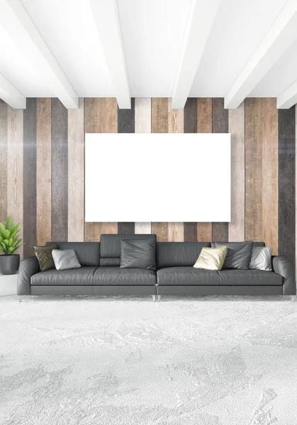 Beyaz yatak odası en az stil iç tasarım ahşap duvar ve karanlık Kanepeli. 3D render. 3D çizim