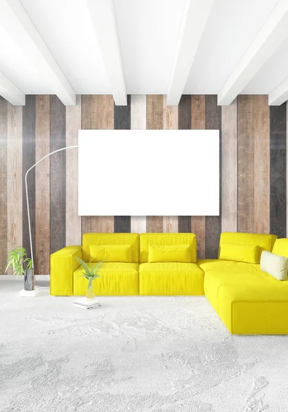 Kamar tidur minimum Desain interior dinding kayu, sofa kuning dan ruang cipta ke dalam bingkai kosong. Perilisan 3D. Ilustrasi 3D — Stok Foto
