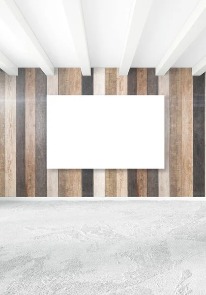Dormitorio blanco minimalista Diseño interior con pared de madera y copyspace en un marco vacío. Representación 3D. Ilustración 3D —  Fotos de Stock